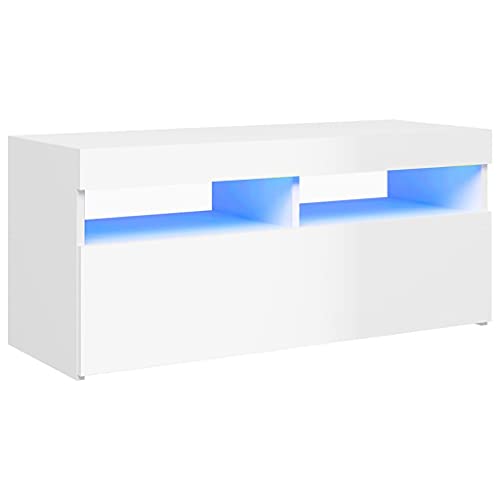 vidaXL Mueble para TV con Luces LED Soporte Armario Aparador Estante Salón Sala de Estar Decoración Entretenimiento Blanco Brillante 90x35x40 cm
