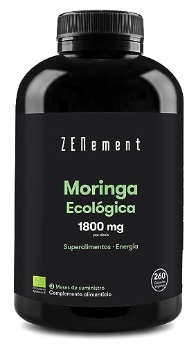 Moringa Oleifera Ecológica Pura, Alta Dosis: 1800 mg | 260 Cápsulas Veganas | Superfood Bio, Fuente de Vitaminas, Minerales y Antioxidantes | 100% Ingredientes Naturales y Orgánicos | Zenement