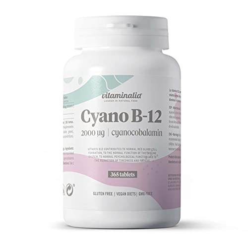 Vitamina B12 de Vitaminalia | Cianocobalamina 2000 mcg | Suministro para 1 Año (12 Meses) | Suplemento para Veganos y Vegetarianos | Vegano, Sin Gluten, Sin Lactosa, 365 Tabletas