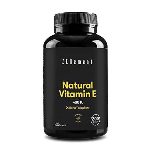 Vitamina E Natural - 400 UI (D-Alfa-Tocoferol), 200 Perlas | con Aceite de Oliva Virgen Extra | Antioxidante y Antiedad | No-GMO | de Zenement