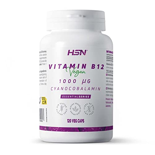 Vitamina B12 - Cianocobalamina 1000 MCG - de HSN | 120 Cápsulas Vegetales | Esencial para Veganos y Vegetarianos | No-GMO, Vegano, Sin Gluten