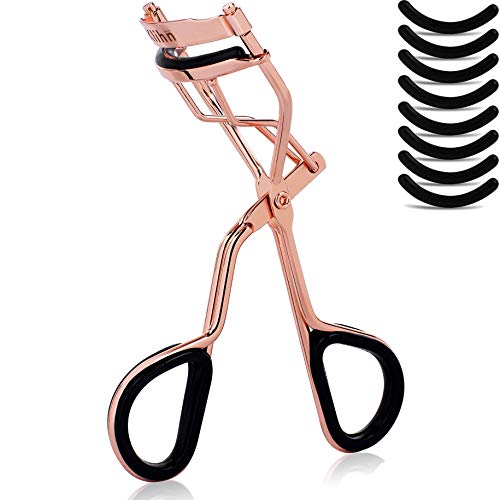 KLIHN –Rizador de pestañas color oro rosa con 5 recambios de goma, moldeador para rizar con unas pestañas perfectas, eyelash curler