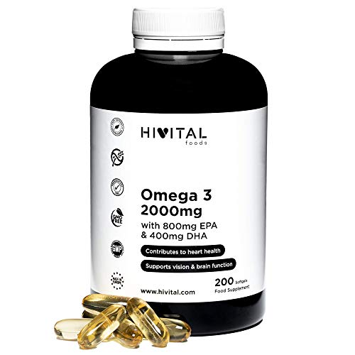 Omega 3 2000 mg | 200 cápsulas para más de 3 meses | Con 800 mg EPA, 400 mg DHA y Vitamina E Natural | El único con Aceite de Pescado Español que contribuye a la salud cardíaca, cerebral y ocular
