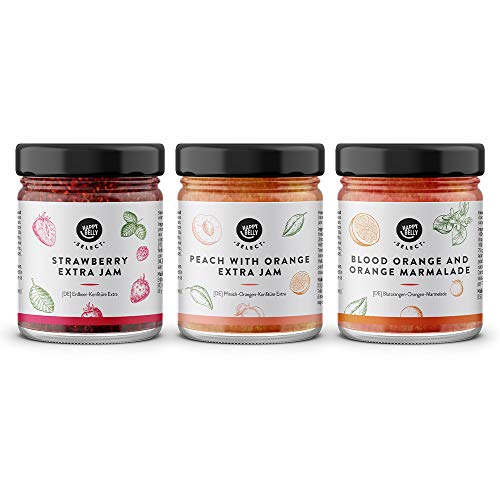 Marca Amazon - Happy Belly Select Colección mediterránea (fresa, melocotón, naranja sanguina), 75 % mermelada, 180 g x 3