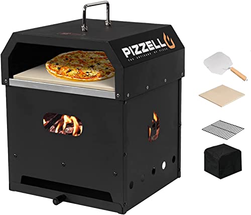 PIZZELLO Horno de pizza al aire libre 4 en 1 Horno exterior de leña Fabricante de pizza desmontable de 2 capas con piedra de pizza, cáscara de pizza, cubierta, parrilla de cocina