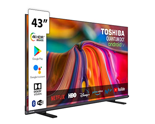 Televisor Toshiba 43QA4163DG, Android TV de 43 Pulgadas, Pantalla Quantum Dot, 4K Ultra HD, Google Chromecast Integrado, Control por Voz Mediante Google Assistant, conexión WiFi y Bluetooth