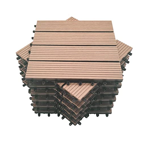 Mocosy 11pcs 1m² WPC Baldosas de suelo entrelazadas para jardín, terraza, balcón, césped, madera, plástico, compuesto, suelo, baldosas (rojo marrón)