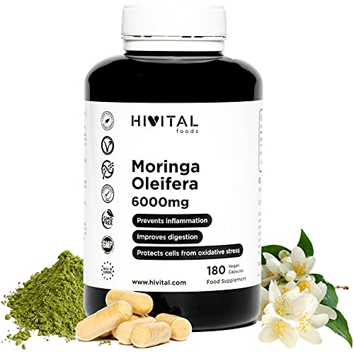 Moringa Oleifera 6000 mg. 180 cápsulas veganas para 6 meses. Extracto natural fuente de Vitaminas, Minerales, Aminoácidos y Ácidos grasos. Antioxidante y Antiinflamatorio para mejorar la digestión