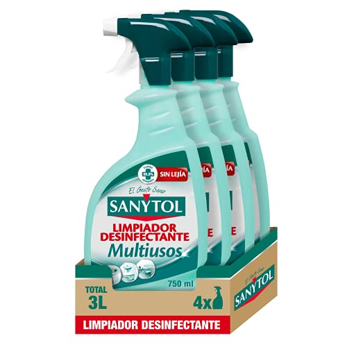 Sanytol - Limpiador Desinfectante Multiusos, Elimina Bacterias, Hongos y Virus Sin Lejía, Perfume Eucaliptus - Pack de 4 x 750 Ml = 3L