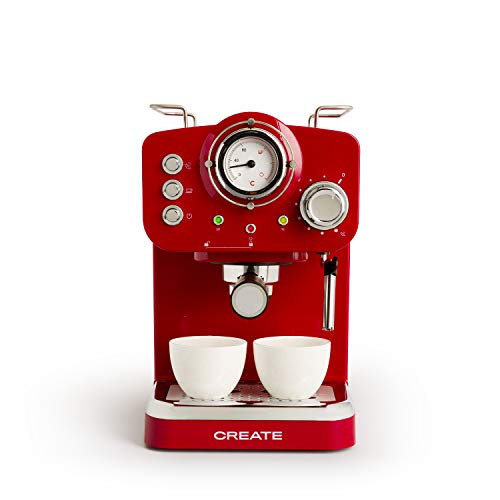 CREATE / THERA RETRO / Cafetera Express Roja / Para café molido y monodosis ESE, Cafetera semiautomática con una bomba de presión de 15 bares y 1100W de potencia.