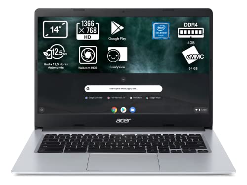 Acer Chromebook 314 CB-CB314-1H-C1SQ - Ordenador Portátil 14' HD, Laptop (Intel Celeron N4020, 4GB RAM, 64GB eMMc, Gráficos UHD Intel 600, Chrome OS), PC Portátil Plata - Teclado QWERTY Español