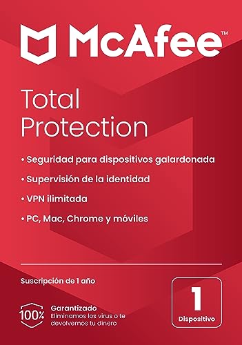 McAfee Total Protection 2023, 1 dispositivo, Software de seguridad en Internet con antivirus, VPN ilimitada, 1 año de suscripción, Tarjeta de clave