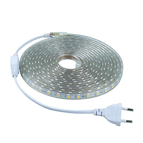 ONSSI® Tiras LED SMD5050 60 Led/m 220v 6000k Luz Fria (3 Metros) IP65 Impermeable Sin Pegamiento Con Enchufe