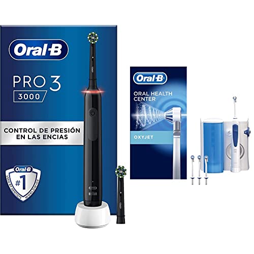 Oral-B PRO 3 Cepillo de Dientes Eléctrico con Mango Recargable y Sensor de Presión, Tecnología Braun y 2 Cabezal de Recambio, 3000 - Negro & Oxyjet Irrigador Dental + 4 Cabezales de Recambio