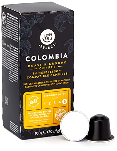 Marca Amazon - Happy Belly Select Cápsulas de café Colombia compatibles con Nespresso, 80 cápsulas de aluminio (4 packs de 20) - Certificado por Rainforest Alliance