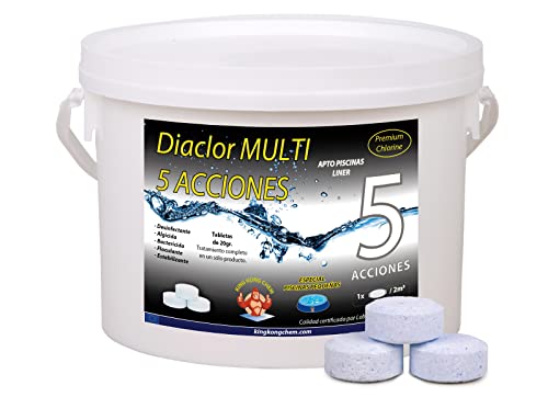 Cloro Piscinas Pequeñas DIACLOR Multi 5 ACCIONES 3 KG - Pastillas de Cloro Lento (20 gr- 3 cm Diámetro) - Tratamiento Completo Multiacción - SIN Cobre -