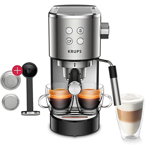 Krups Virtuso Cafetera espresso con filtro de 15 bares + tampón, ganador de prueba en Stiftung Warentest, máquina de café expreso con boquilla de espuma de leche profesional, apagado automático,