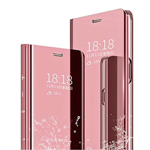 MLOTECH Funda para Huawei P30 Lite,Funda Case + Cristal Templado Flip Clear View Translúcido Espejo Standing Cover Slim Fit Anti-Shock Anti-Rasguño Mirror 360°Protectora Cubierta Oro Rosa
