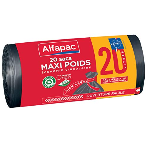 Alfapac 3232767510202 - Bolsas de 20 l recicladas para máximo Peso con Lazos Anchos, Color Negro