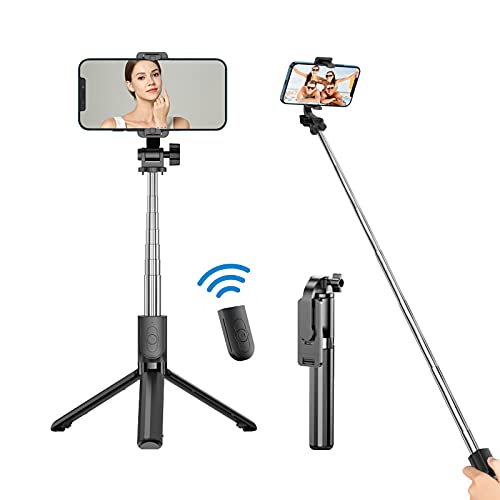 GRIFEMA GB1003 Palo Selfie con Bluetooth, Mini Trípode Selfie Stick Rotación de 360°, Trípode Portátil con Control Remoto, Compatible con Sistemas Android 4.3 e iOS 5.1 y Superiores, Negro