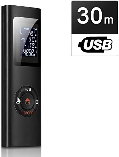 Telémetro Láser, IPSXP 30M 98Ft USB Recargable Medidor Láser Mudo Portátil Metro Láser con LCD Pantalla Retroiluminada Digital, Cálculo de Distancia, Área, Volumen, Pitágoras, Adición y Sustracción