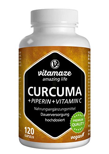 Vitamaze® Cúrcuma Cápsulas + Curcumina Piperina + Vitamina C, 120 Cápsulas Veganas Altamente Biodisponible, 95% Natural Pura Extracto Curcumina, Suplemento sin Aditivos Innecesarios