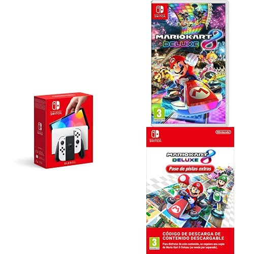 Nintendo Switch (versión OLED) Blanca + Mario Kart 8 Deluxe (Nintendo Switch) + Pase de pistas extras DLC ( Nintendo Switch - Código de descarga)
