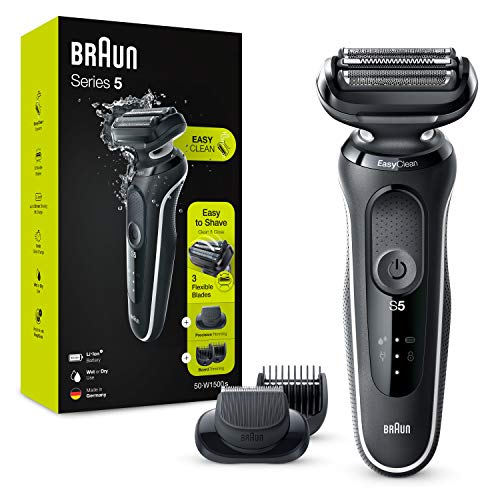 Braun Series 5 Afeitadora Electrica Hombre, Máquina de Afeitar Barba con Tecnología Easy Clean (Fácil de Limpiar), Recargable, Inalámbrica, 50-W1500 S, Blanco