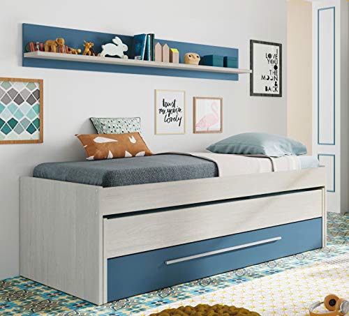 Cama Nido con Estante Pared y 2 Somieres de 90x190 y 90x180 en Color Azul y Blanco Alpes Dormitorio Juvenil