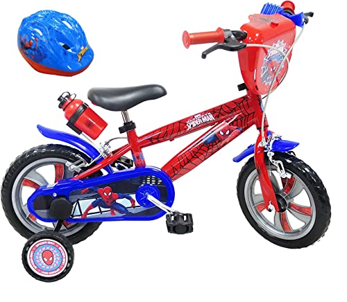 Vélo 12' Bicicleta de 12 Pulgadas niños de 2 a 4 años Equipada con 2 Frenos, bidón y portabidón, Placa Frontal Decorativa, 2 estabilizadores y Casco Spiderman Incluido, Rojo