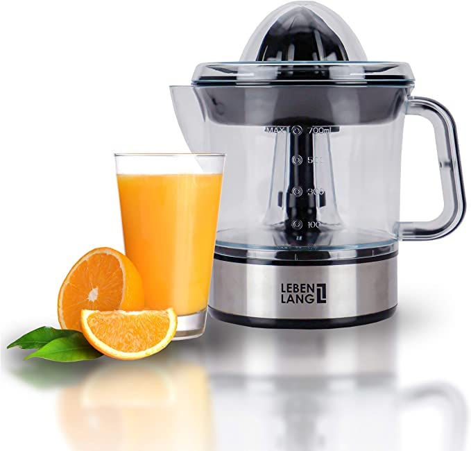 Exprimidor eléctrico automático para zumo de limón, naranja, frutas y alimentos | Jarra vaso y colador de plástico | Acero inoxidable | Para cocina de chef profesional | Limpia, fácil uso | LEBENLANG