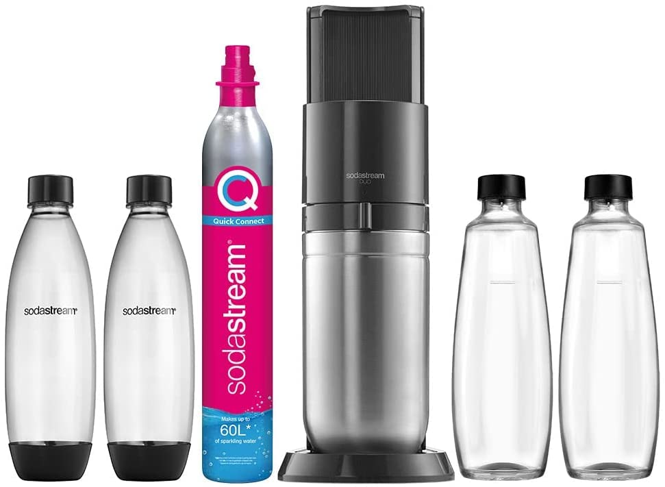 SodaStream Duo Pack, Máquina gasificadora de agua, color negro, 2 botellas Fuse 1L, 2 botellas Fuse Glass de cristal 1L y 1 cilindro CO2 Quick Connect rosa, para preparar hasta 60L de agua con gas