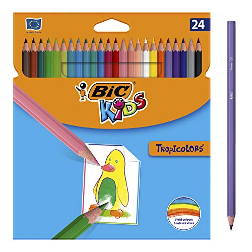 BIC Kids Lápices de Colores para Niños, Óptimo para material escolar,Tropicolors, Colores Surtidos, 2,9mm, Material Escolar, Blíster de 24
