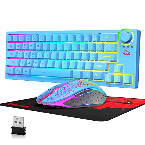 Juego de Teclado y Mouse Inalámbricos Recargable 4000mAh Semi-Mecánico Gaming Keyboard+Ratones Mudos de 2400 dpi con Retroiluminación Arcoíris RGB Receptor USB 2.4G+Mouse Pad para PC Mac-Azul