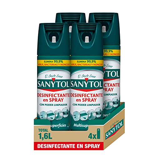 Sanytol - Spray Desinfectante Multisuperficies con poder limpiador, Elimina Bacterias, Hongos y Virus Sin Lejía, Perfume Herbal - Pack de 4 x 400 ML = 1,6L