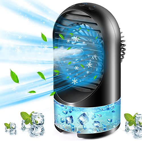 Aire Acondicionado Portátil, Silencio HATMIG Mini Ventilador de Escritorio Humidificador 7 Colores LED Ventilador Enfriador de Aire 3 Velocidades Air Cooler para Hogar y Oficina - negro
