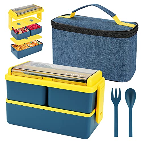 Caja de almuerzo de 1400 ml con 3 compartimentos - caja de bento de 2 capas con bolsas y cubiertos aislados, caja de contenedores de preparación de comidas para adultos estudiantes niños (Azul)