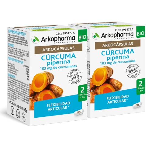 Arkopharma Arkocápsulas Cúrcuma Bio 160 Cápsulas Pack X2, Con Extractos De Pimienta Negra, Flexibilidad Articular, Actividad Antiinflamatoria, Dolores En Articulaciones, Complemento Alimenticio
