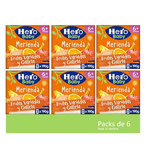 Hero Baby Merienda Tarritos de frutas variadas y galleta - Para niños a partir de los 6 meses - 6 Packs de 2x190gr