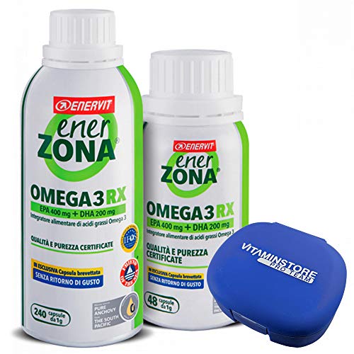 Enerzona Enervit Omega 3 RX, 240cpr + 48cpr + Portapillole Vitaminstore ● Integratore Alimentare a base di olio di pesce per il Controllo del Colesterolo e Trigliceridi ● ricco di EPA e DHA