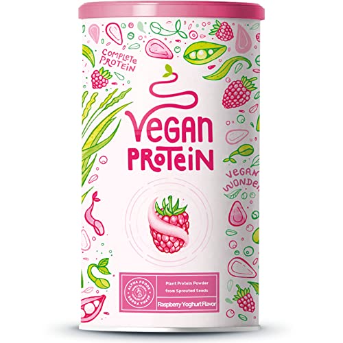 Proteina Vegana - YOGUR-FRAMBUESA - Proteinas vegetal de soja, arroz, guisantes, semillas de lino, amaranto, semillas de girasol y semillas de calabaza germinadas - 600 g en polvo