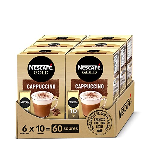 NESCAFÉ GOLD CAPPUCCINO NATURAL, cremoso café soluble con leche desnatada, Pack de 6 estuches con 10 sobres, TOTAL 60 sobres
