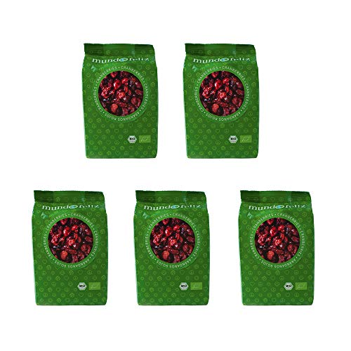 Mundo Feliz - Arándanos rojos ecológicos deshidratados, 5 bolsas de 100 g