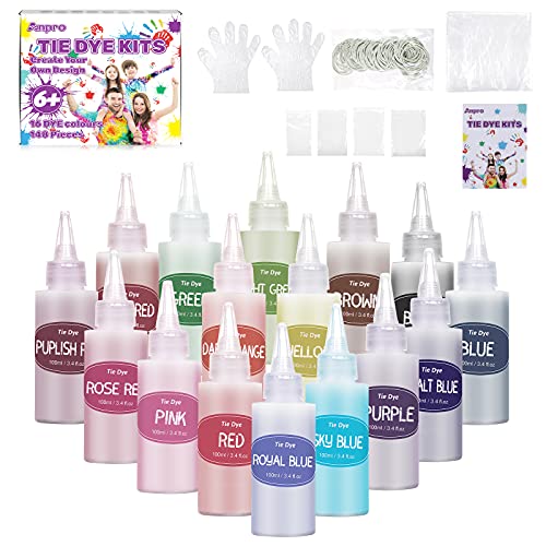 Anpro Tinte Ropa Tie Dye- 148 Kits de Teñido Anudado de Bricolaje, 100 ml/Botella, 16 Tipos de Teñido Anudado Textil Brillante, Kits de Arte Tie-Dye Adecuados para Niños y Adultos