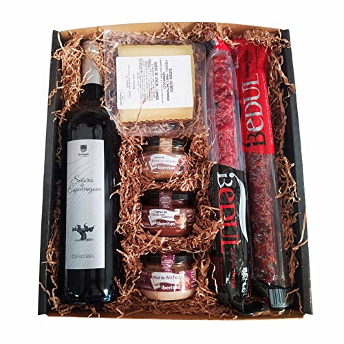 Económica cesta de Navidad para regalo con vino y productos gourmet de calidad e Ibéricos