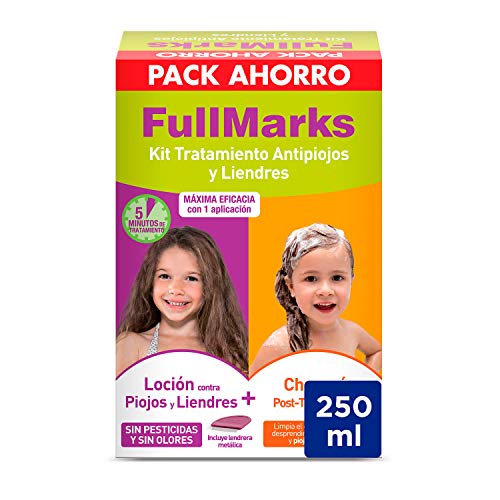 FullMarks Kit Tratamiento Antipiojos para Niños, Elimina los Piojos, Contiene Loción 100 ml, Champú Post-Tratamiento 150 ml y Lendrera Metálica