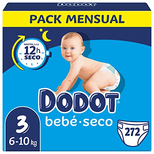 Dodot Pañales Bebé-Seco Talla 3 (6-10 kg), 272 Pañales con Protección Antifugas, Pack Mensual