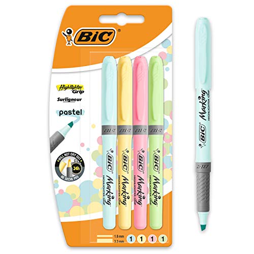 BIC Highlighter Grip Subrayadores Color Pastel, Óptimo para material escolar,Punta Ajustable, Blíster de 4, Yellow, Blue, Green and Pink