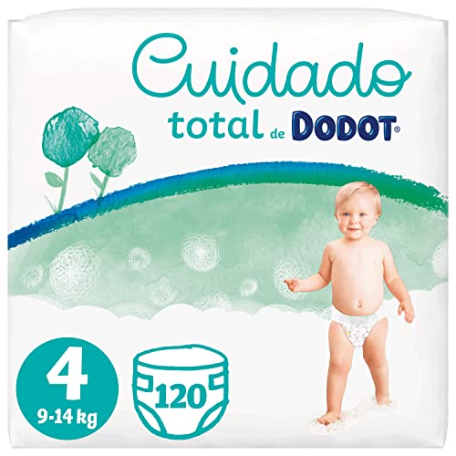 Dodot Pañales Bebé Cuidado Total Talla 4 (9-14 kg), 120 Pañales, Suave Protección de la Piel de Dodot con Ingredientes de Origen Vegetal