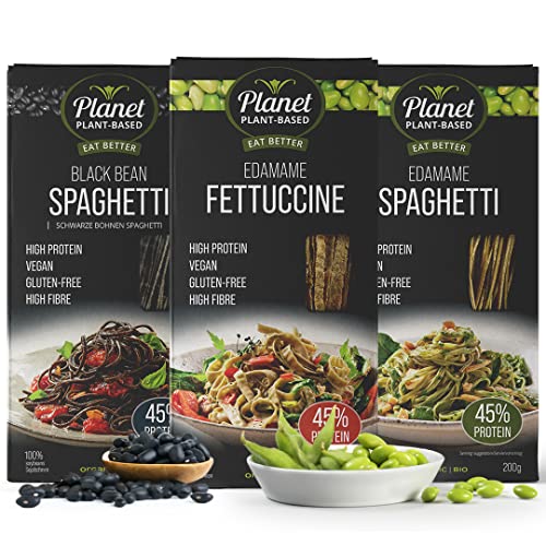 Planet Plant-Based Bio Protein Pasta Mix / 3er Pack (3x200g) / Pasta de proteínas / Habas Negras Espaguetis / Edamame Fettuccine / Edamame Espaguetis / Lower Carb Fideos de soja / Sin gluten / Vegana